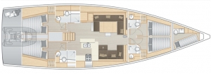 Schemat Hanse 588, wersja 5-kabinowa z 5 łazienkami | Charter.pl