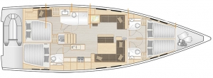Schemat jachtu, wersja 4-kabinowa, 4 łazienki | Charter.pl