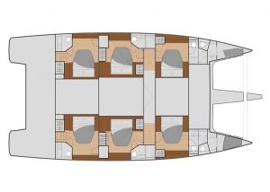 Schemat katamaranu New 59, wersja 6+2 kabiny, 6+2 łazienki | Charter.pl foto: www.fountaine-pajot.com